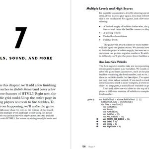 K&ouml;nnte beinhalten: Eine Schwarzwei&szlig;illustration einer Person, die eine Blasenpistole h&auml;lt. Der Text "7 LEVEL, SOUND, AND MORE" ist unter der Illustration dargestellt. Der Text "Mehrere Level und hohe Punktzahlen" ist in der oberen rechten Ecke der Seite dargestellt. Der Text "Neue Spielstatusvariablen" ist in der unteren rechten Ecke der Seite dargestellt. Der Text "var bubbles = 11;" ist in der unteren rechten Ecke der Seite dargestellt. Der Text "var MAX_BUBBLES = 70;" ist in der unteren rechten Ecke der Seite dargestellt. Der Text "var POINTS_FOR_BUBBLE = 50;" ist in der unteren rechten Ecke der Seite dargestellt. Der Text "var level = 0;" ist in der unteren rechten Ecke der Seite dargestellt. Der Text "var score = 0;" ist in der unteren rechten Ecke der Seite dargestellt. Der Text "var highscore = 0;" ist in der unteren rechten Ecke der Seite dargestellt.