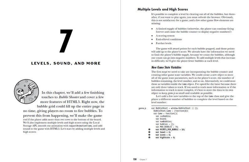 K&ouml;nnte beinhalten: Eine Schwarzwei&szlig;illustration einer Person, die eine Blasenpistole h&auml;lt. Der Text "7 LEVEL, SOUND, AND MORE" ist unter der Illustration dargestellt. Der Text "Mehrere Level und hohe Punktzahlen" ist in der oberen rechten Ecke der Seite dargestellt. Der Text "Neue Spielstatusvariablen" ist in der unteren rechten Ecke der Seite dargestellt. Der Text "var bubbles = 11;" ist in der unteren rechten Ecke der Seite dargestellt. Der Text "var MAX_BUBBLES = 70;" ist in der unteren rechten Ecke der Seite dargestellt. Der Text "var POINTS_FOR_BUBBLE = 50;" ist in der unteren rechten Ecke der Seite dargestellt. Der Text "var level = 0;" ist in der unteren rechten Ecke der Seite dargestellt. Der Text "var score = 0;" ist in der unteren rechten Ecke der Seite dargestellt. Der Text "var highscore = 0;" ist in der unteren rechten Ecke der Seite dargestellt.