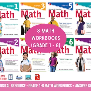 May include: Eight colorful book covers for McGraw-Hill Education Math workbooks, grades 1 through 8. Each cover features a child holding a book and the text "Power Up Your Math Skills".