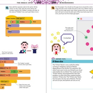 May include: A coding tutorial for kids using Scratch programming language. The tutorial teaches how to create a magic spot illusion using code blocks. The image shows code blocks for the 'when clicked', 'switch costume to', 'go to x', 'point in direction', 'set id to', 'repeat', 'move', 'create clone of myself', 'move', 'turn', 'change id by', 'switch costume to', 'set hidden to', 'forever', 'change hidden by', 'if', 'set hidden to', 'broadcast', 'wait', 'open the menu and create a new message called 'Hide Spot'.