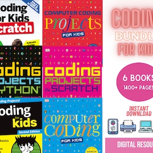 Może przedstawiać: Zestaw sześciu książek o kodowaniu dla dzieci, z kolorowymi okładkami z tytułami takimi jak "Coding Projects in Python" i "Computer Coding Projects for Kids". Zestaw zawiera ponad 1400 stron i jest dostępny do natychmiastowego pobrania jako zasób cyfrowy.