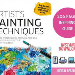 May include: A book cover with the title "Artist's Painting Techniques" in large, bold letters. The cover features a colorful abstract painting with a paintbrush resting on top. The book is a 306-page guide with step-by-step workshops from professional artists. It is available as an instant download.