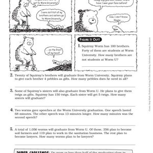 May include: A black and white comic strip with a bear and a worm. The comic strip is titled "A Familiar Face starring Monica Bear and Squirmy Worm". The comic strip is about a worm named Squirmy who is going to Worm University. The comic strip includes math problems for kids to solve.