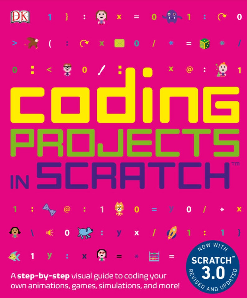 May include: A pink book cover with the title "Coding Projects in Scratch" in yellow and green letters. The book cover features colorful pixelated graphics and the text "Now with Scratch 3.0 Revised and Updated".