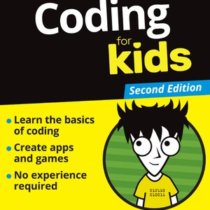 May include: A book cover with a yellow background and a black title that reads "Coding for Kids" in white text. The book is for learning the basics of coding and creating apps and games. The cover features a cartoon character with a yellow shirt and the text "for dummies" in blue and white.