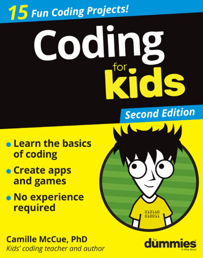 May include: A book cover with a yellow background and a black title that reads "Coding for Kids" in white text. The book is for learning the basics of coding and creating apps and games. The cover features a cartoon character with a yellow shirt and the text "for dummies" in blue and white.