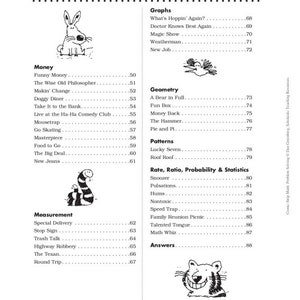 May include: A black and white illustration of a cartoon dog with a toothy grin. The image is part of a book with a list of math problems and their corresponding page numbers. The book includes topics such as graphs, geometry, patterns, rate, ratio, probability, and statistics.