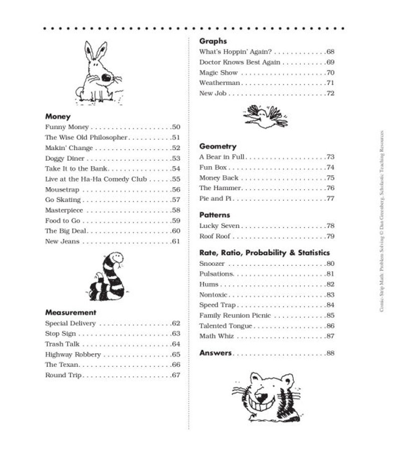 May include: A black and white illustration of a cartoon dog with a toothy grin. The image is part of a book with a list of math problems and their corresponding page numbers. The book includes topics such as graphs, geometry, patterns, rate, ratio, probability, and statistics.