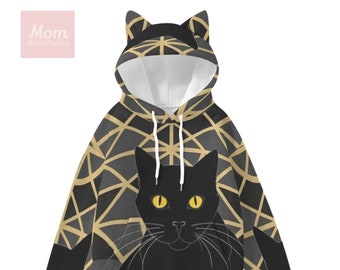 Women's Cat Ear Hoodie, Unique Pattern Hoodie With Decorative Ears, Cat Hoodie, Cat Lover's Gift, Birthday Gift, Cat Sweatshirt