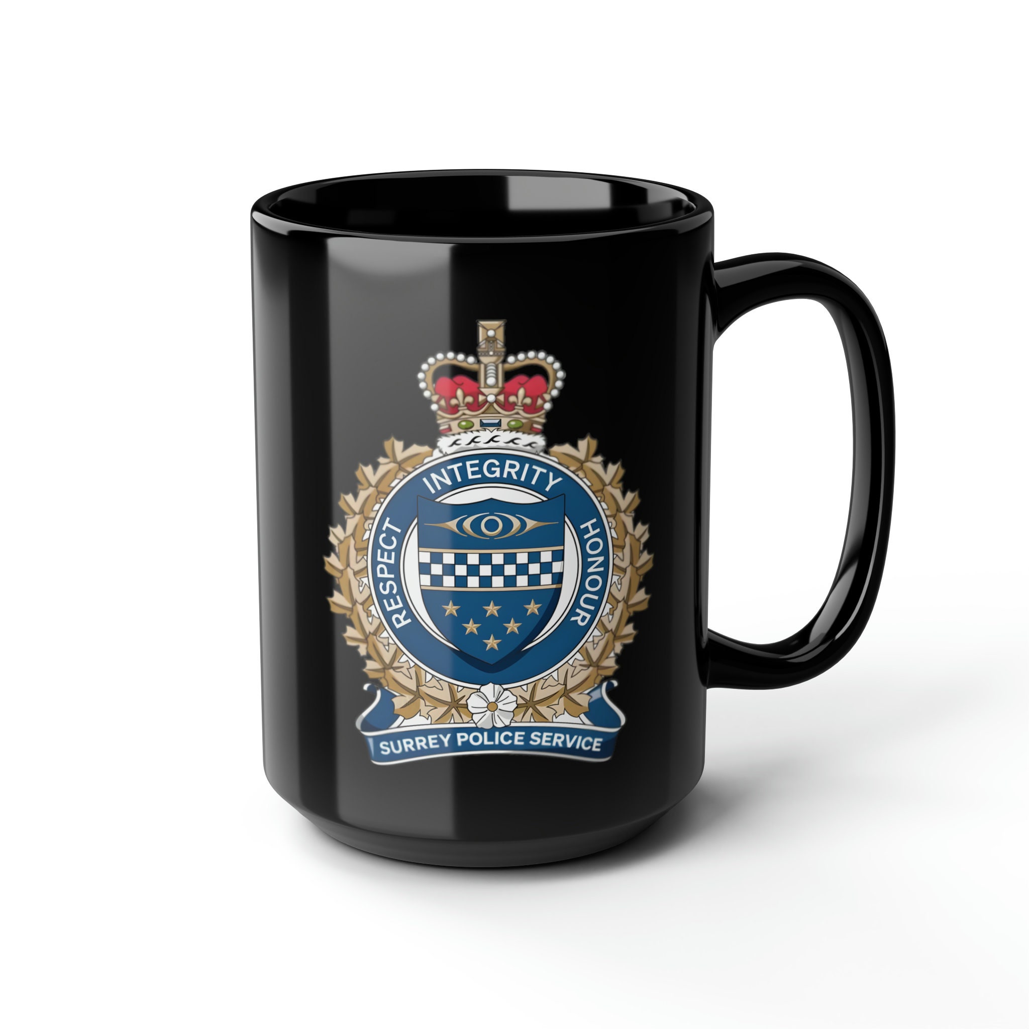 Surrey Police Services Badge Black Coffee Mug, Gift For Him and Her, First Responder Gift, Law Enforcement, Police Officer Gift