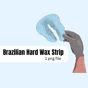 Peut inclure: Une bande de cire dure bleue pour l'épilation, en forme de zone de bikini, tenue par une main gantée. Le texte "Brazilian Hard Wax Strip" et "1 png file" est sous l'image.