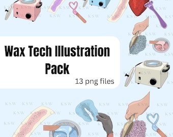 Puede incluir: Un conjunto de 13 ilustraciones digitales para técnicos de cera. Las ilustraciones incluyen calentadores de cera, tiras de cera, espátulas, cuentas de cera y una fresa. Las ilustraciones son de estilo de dibujos animados y son perfectas para usar en redes sociales, materiales de marketing o diseño de sitios web.