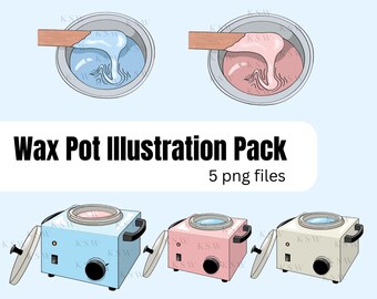 Puede incluir: Conjunto de ilustraciones de calentadores de cera con tapas. Los calentadores son de color azul, rosa y beige. Las tapas están abiertas y la cera del interior está derretida. El texto "Wax Pot Illustration Pack" y "5 png files" está debajo de los calentadores.