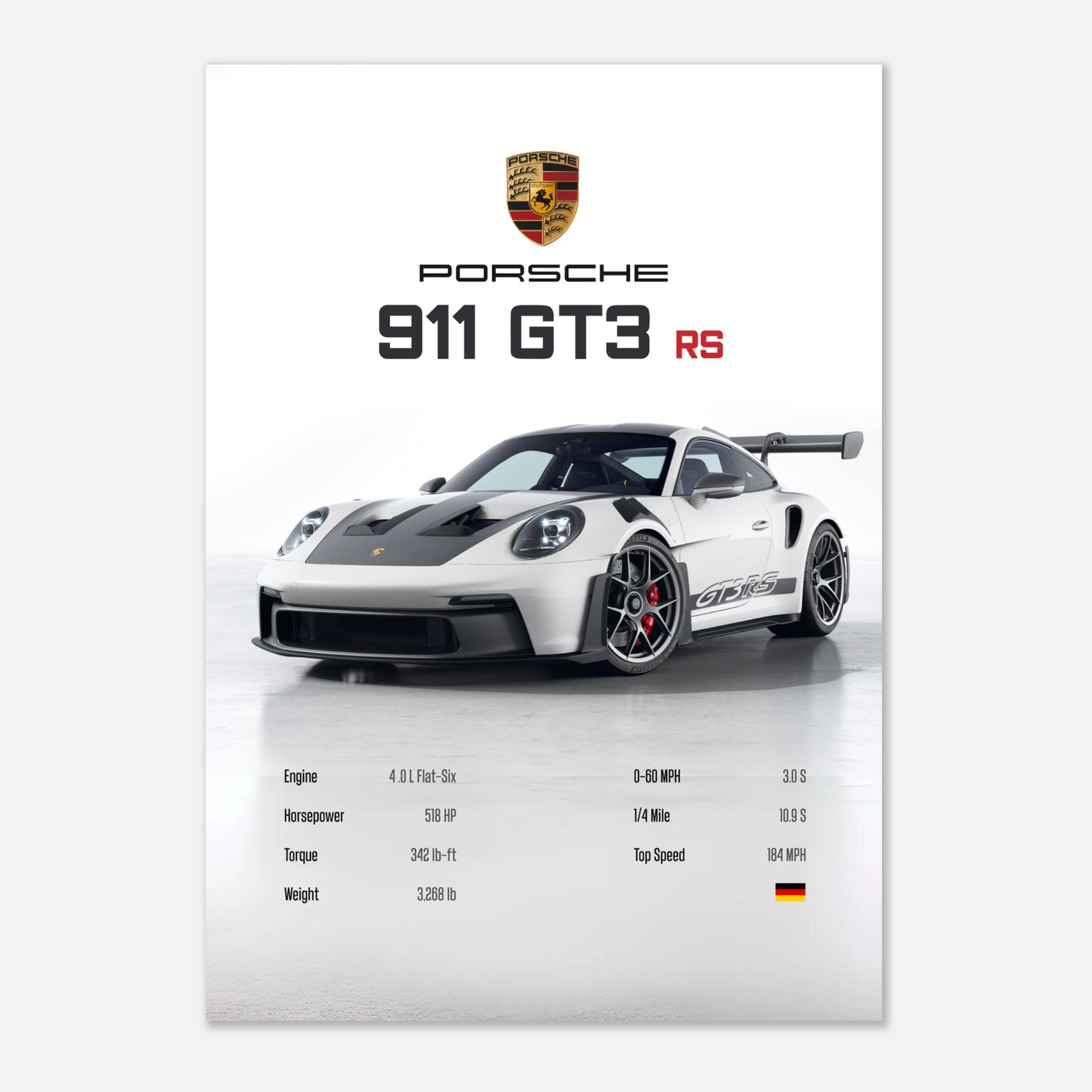 Porsche 911 GT3 RS Stats Poster White V2 Etsy