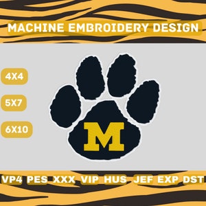 May include: Machine embroidery design of a black paw print with a yellow "M" in the centre. The design is available in 4x4, 5x7, and 6x10 sizes. File formats include VP4, PES, XXX, VIP, HUS, JEF, EXP, and DST.