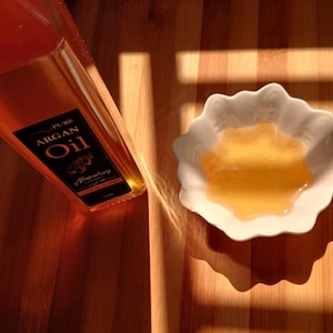 Argan oil with food presentation Moroccan gourmet organic oil