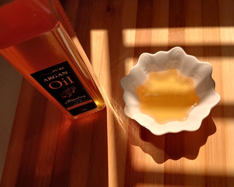 Argan oil with food presentation Moroccan gourmet organic oil