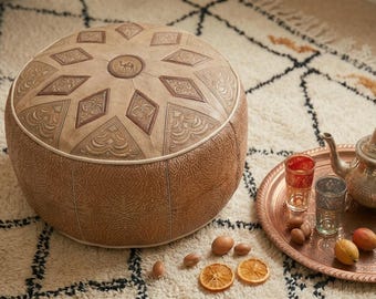 Moroccan Leather Pouf | Handmade Ottoman Footstool | Boho Floor Cushion | Living Room Decor