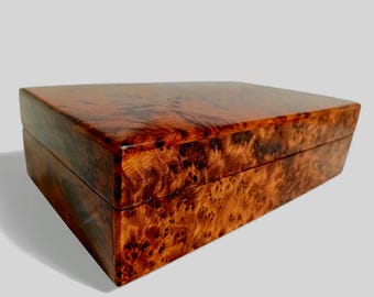 Wooden Jewelry Box, Moroccan Handmade Keepsake Box, Thuya Burl Wood
