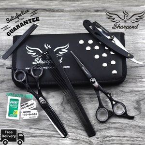 Professional Barber Hair Cutting Thinning 6&quot; Scissors Black  Set Hairdressing Salon + Free Straight Razor & Comb