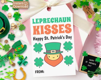 Leprechaun Kisses Tags Printable St Patrick's Day Tag for Kids St. Patrick's Day Candy Gift Tags Saint Patricks Day Classroom Treats Tags