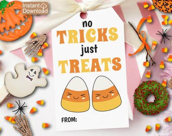 No Tricks Just Treats Halloween Candy Corn Halloween Class Gift Tags Printable School Halloween Teacher Treat Tags for Appreciation tags
