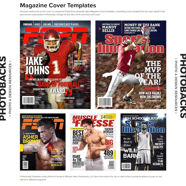 Sports Magazine Cover Photoshop Templates from Photobacks Sports Package 1: Customizable, Layered, Download, Athlete, PSD, Poster, Gift, Fun