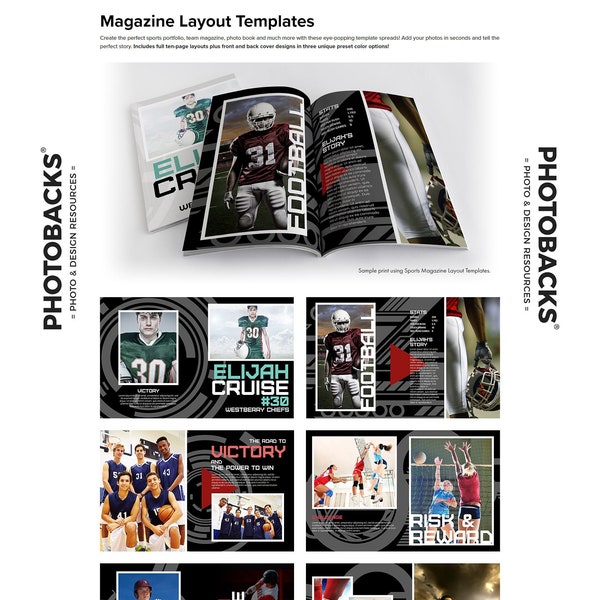 Sports Magazine Layouts Templates from Photobacks Sports Package 1: Customizable, Layered, Download, Athlete, Wide, PSD, Poster, Spreads