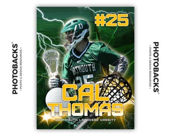 May include: A lacrosse player wearing a green and white jersey with the number 25 on the back. The player is holding a lacrosse stick and is in a dynamic pose. The background is green with lightning bolts and a lacrosse net. The text "Cal Thomas" and "Dartmouth Lacrosse Varsity" is displayed in yellow.