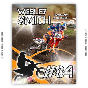 Puede incluir: Un póster de motocross con una foto de un piloto en una moto de cross. El póster presenta el texto "Wesley Smith" y "Santa Ana Motocross" en una fuente negra en negrita. El número del piloto, "#84", se muestra de forma prominente en una fuente blanca grande.