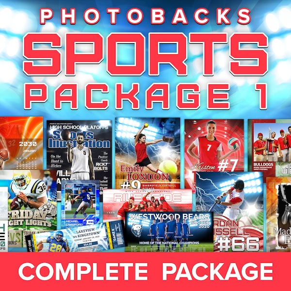 Package sportif COMPLET 1 de Photobacks : des CENTAINES de modèles Photoshop, d'arrière-plans, de didacticiels vidéo ; Bannières, affiches, équipe, collages +