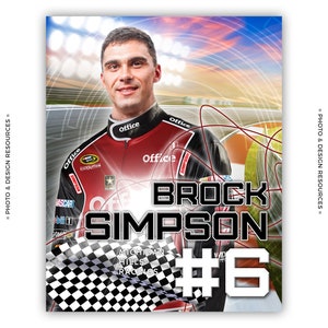 May include: A racing driver card with a red, white, and black color scheme. The card features a photo of a driver in a red racing suit with the words 