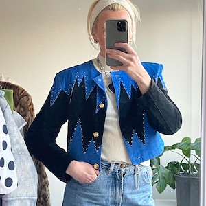 Rare Vintage Cobalt Blue Suede Statement Cropped Leather Jacket • 80s • M size