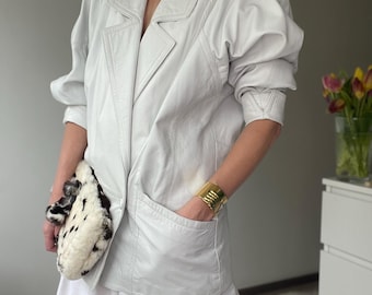 White leather padded puff sleeve vintage jacket dress S-L