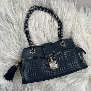 Vintage Versace Dark navy/ Black Quilted Leather Medusa Handbag