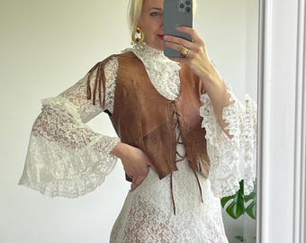 Brown leather fringe short vest S-M-L boho Chic