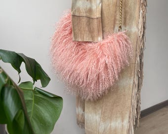 Pink Mongolian Lamb Fur Bag – Fluffy Statement Shoulder Bag, Y2K Style