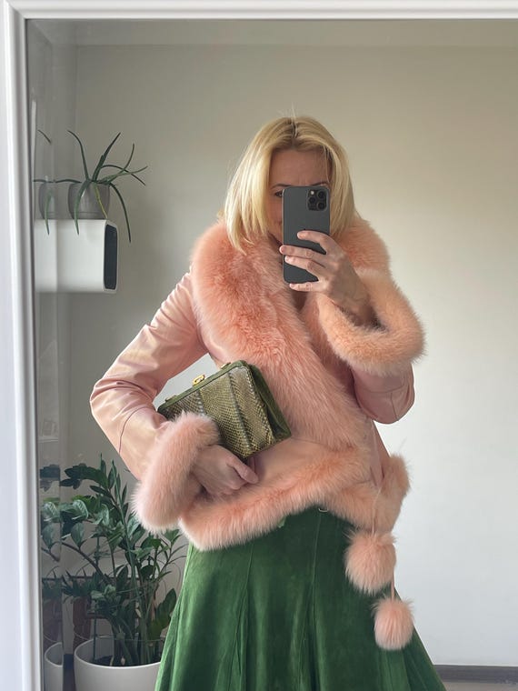 Powder peach pink leather real fur jacket S size