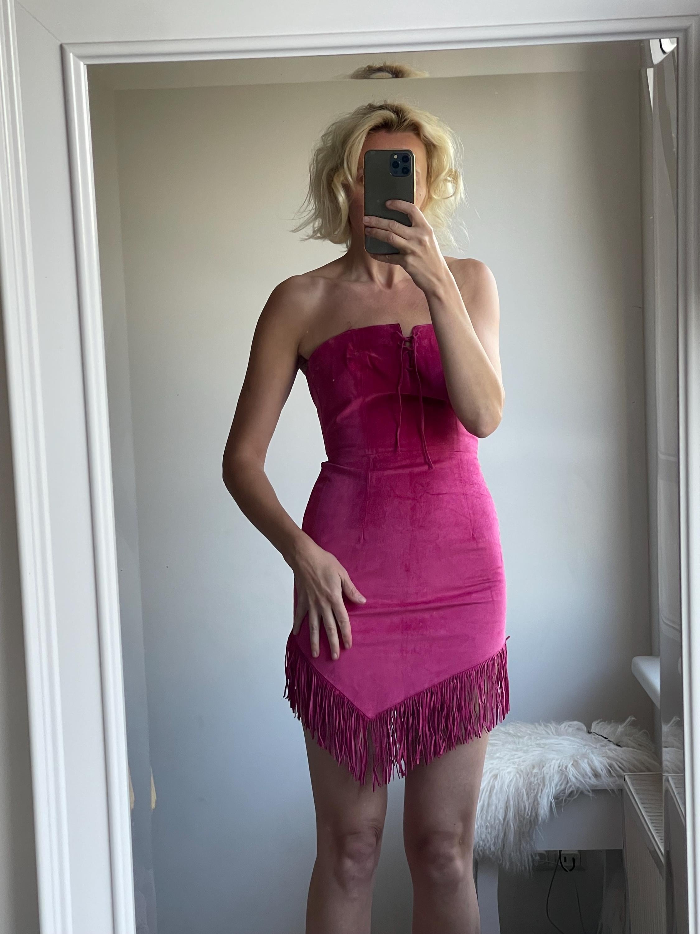 hot pink sequin fringe dress for Women plus v-neck