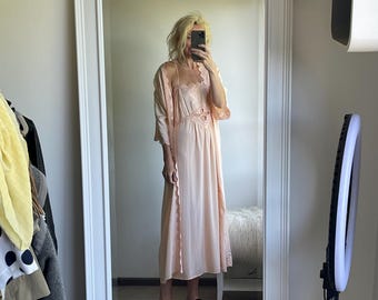 Conjunto de lencería vintage romántico color melocotón - Camisón de 2 piezas y bata larga a juego, talla S/M