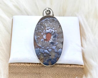 Natural Rare Hematite in Ammonite Fossil, Morocco 925 Silver Pendant Jewelry E632
