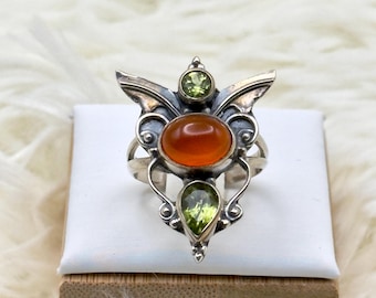 Angel Wing - Carnelian & Peridot 925 Sterling Silver Ring Jewelry Size 6 E15