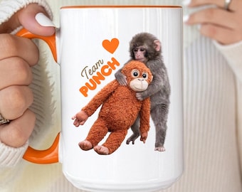 Team Punch Monkey Mug, Cute Baby Monkey with Plushie Coffee Mugs, Viral Trending Punch-kun Monkey Gift, Team Punch Heart Gifts, Animal Lover