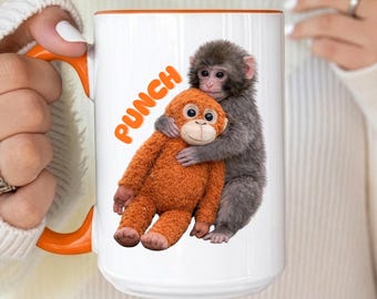 Team Punch Monkey Mug, Cute Baby Monkey with Plush Coffee Mugs, Viral Trending Punch-kun Monkey Gift, Team Punch Heart Gifts, Animal Lovers