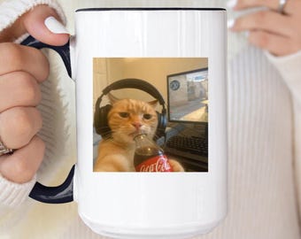 Funny Gamer Cat Mug, Silly Cat with Headphones Drinking Coke, Cat Meme Gifts, Gaming Meme Coffee Cup, Cat Lover Gift, Sarcastic Cat Lover