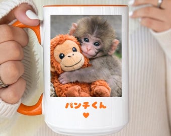 Team Punch Monkey Mug, Cute Baby Monkey with Plushie Coffee Mugs, Viral Trending Punch-kun Monkey Gift, Team Punch Heart Gifts, Animal Lover