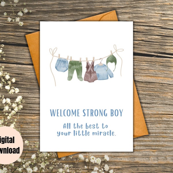 Washing Outfit Baby Boy | New Baby Born Greeting Card | Welcome Strong Boy | Welcome to the World | Digital Download | Printable Card