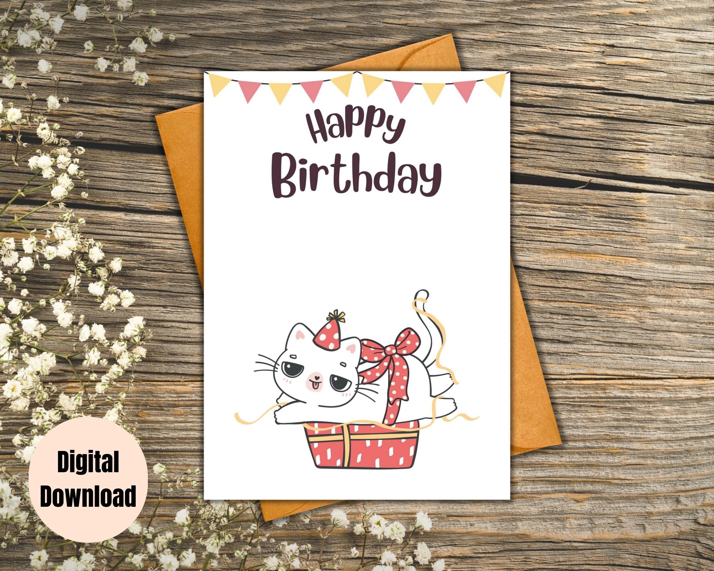 Cute Cat Birthday Card Happy Birthday Card Digital - Etsy