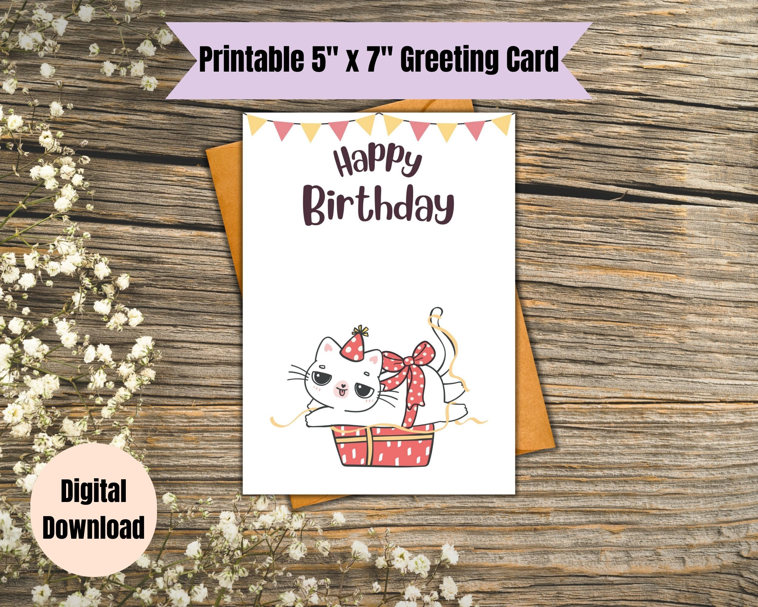 Cute Cat Birthday Card Happy Birthday Card Digital Download Printable ...