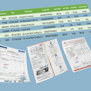 Könnte beinhalten: Eine Tabelle mit einer Liste von Rechnungen, Daten, Lieferantennamen, Lieferanten-Steuernummern, Bruttobeträgen, Mehrwertsteuer, Gesamtbeträgen und Zahlungsarten. Die Tabelle befindet sich auf einem hellblauen Hintergrund.